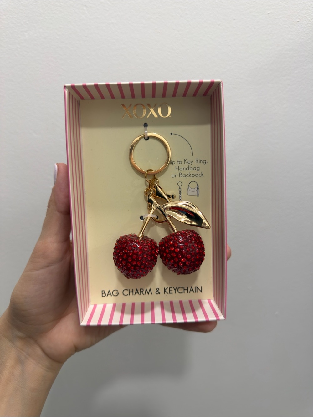 XOXO Gold-Tone Red Crystal Cherry Keychain Charm